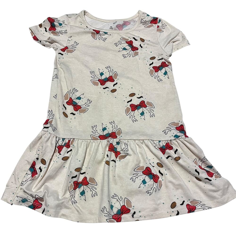 Girls Christmas Reindeer Dress XS 4/5 Holiday Red Bow Deer Cute Party